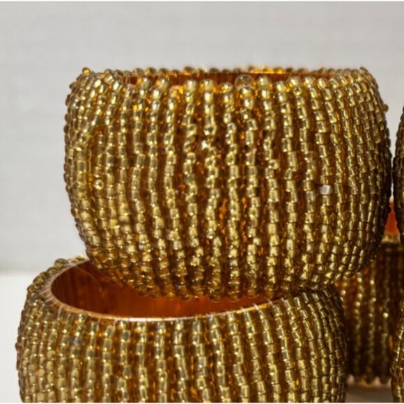 Beaded Gold Napkin Rings With Metallic Interior Set of 5 Christmas Seed Beads - Picture 3 of 5